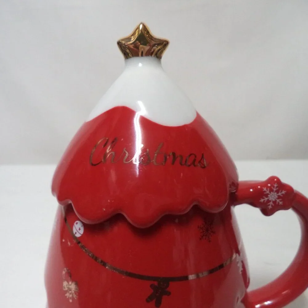 Christmas Tree lidded Mug Cup Snowflakes Stars Reindeer Bells ceramic straw hole